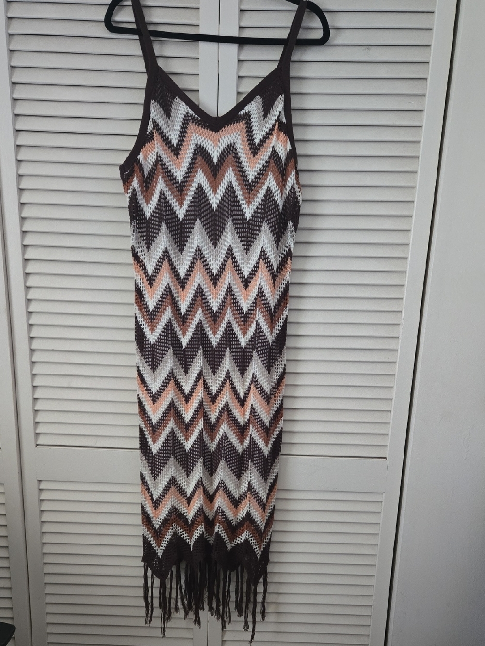 Ashley Stewart Zigzag Midi Slip Dress in Brown, Cream & Peach